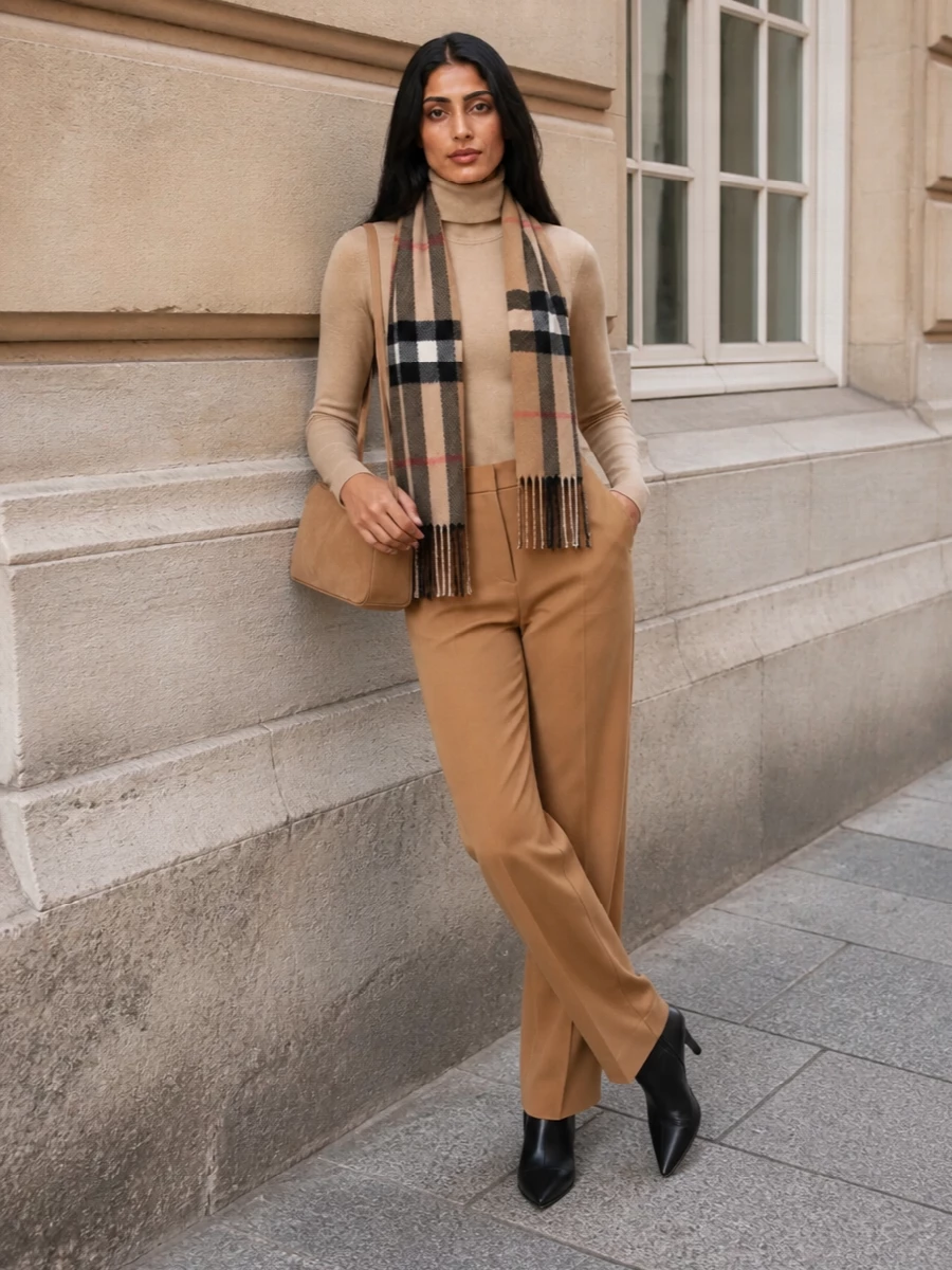 A warm beige turtleneck is paired with precise high-rise camel tailored trousers to create a long, uninterrupted column of colour that feels both understated and impeccably pulled together. Black pointed ankle boots ground the look with a sharp, modern edge, while a slim camel shoulder bag keeps the styling tonal and refined. A classic camel check scarf introduces a subtle heritage note without disrupting the minimalist, quiet-luxury mood.