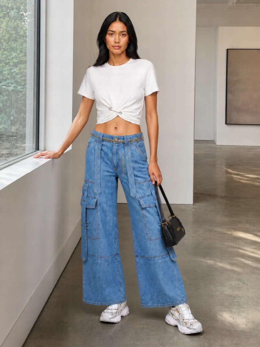 Versace cargo jeans cropped tee sneakers