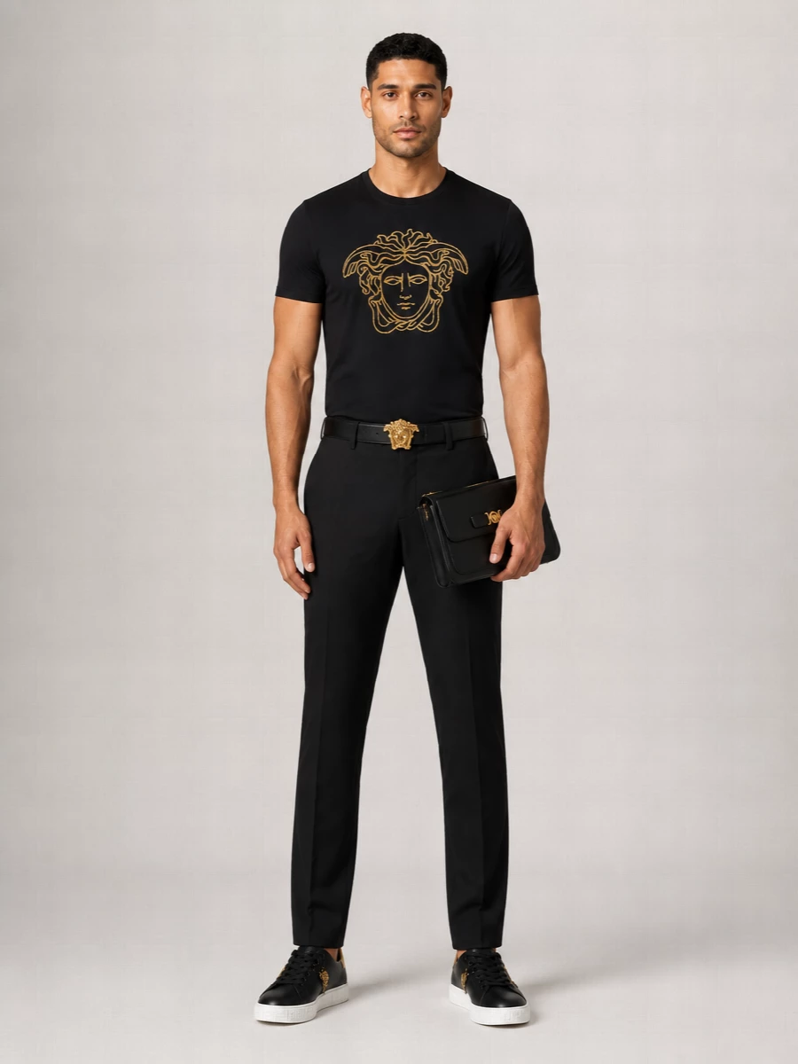 Versace Cotton Jersey Medusa Embroidered Short Sleeve T Shirt