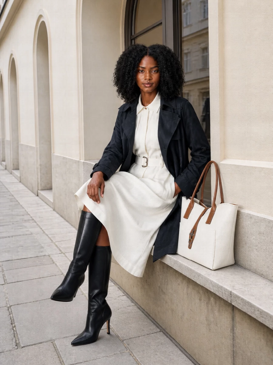 Burberry ivory shirt dress with knee boots