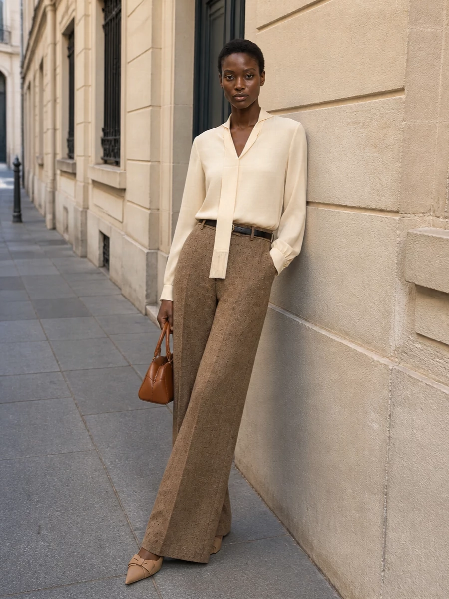 This look leans into warm neutrals and fluid tailoring: the tweed camel wide-leg trouser is paired with a buttercream Valentino silk scarf-tie blouse for an elegant, elongated line. Camel-nude slingbacks and a structured caramel mini top-handle keep everything in the same quietly luxurious, work-to-dinner palette, while a slim black belt crisps up the high waist without disturbing the softness of the silhouette.