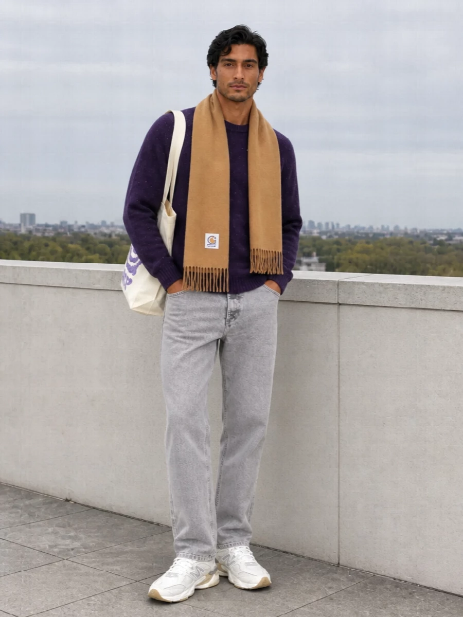 Carhartt purple sweater grey jeans outfit