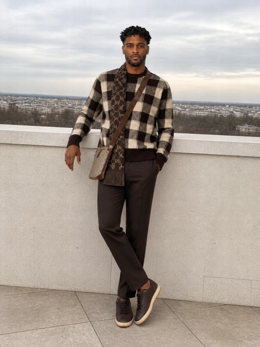 Golden goose checked sweater gucci brown trousers
