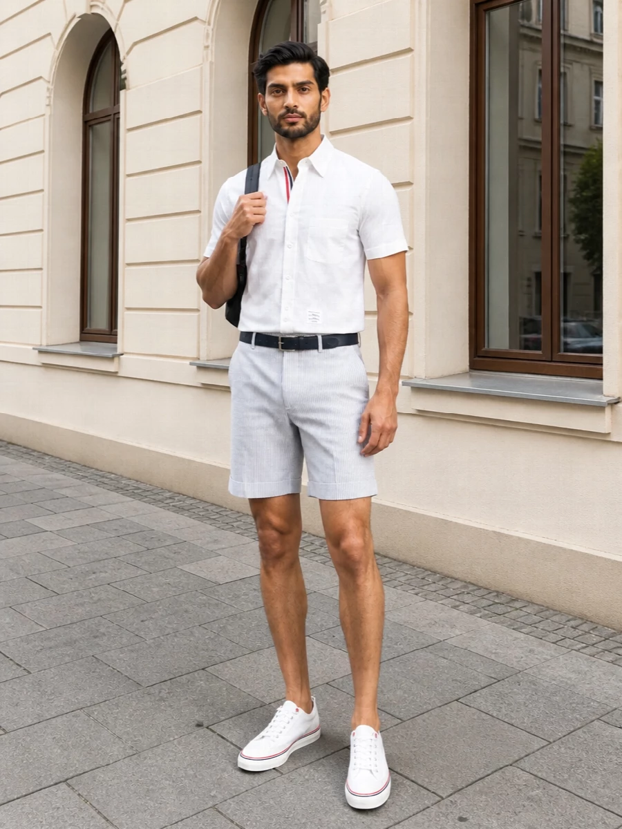 Crisp and considered, this pairing treats the short-sleeve Thom Browne shirt like summer tailoring rather than casual shirting. The striped shorts and slim navy belt sharpen the line, while white low-top sneakers and a neat navy clutch keep everything light, clean and quietly branded for warm city days or smart seaside evenings.