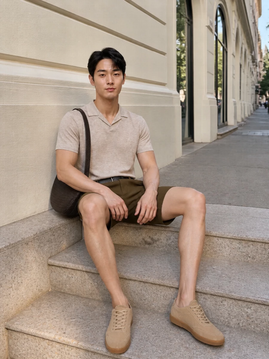 Mens neutral chino shorts knit polo outfit