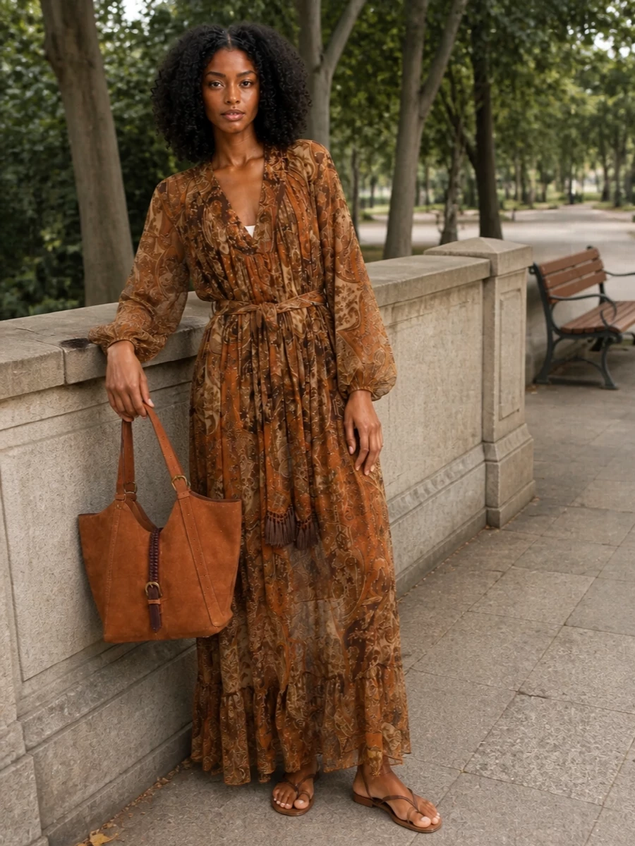 The sheer, paisley Zimmermann maxi wraps around the cognac Jérôme Dreyfuss tote in a warm, boho palette of browns and ambers that feels quietly luxurious rather than festival literal. Slim chocolate-and-tan T‑bar sandals keep the line light and relaxed, letting the dress and bag carry the story while still reading refined enough for city terraces or travel days. Choosing the dress route keeps the outfit fluid and romantic, which harmonizes more naturally with the sculpted suede tote than a tailored trouser combination would.