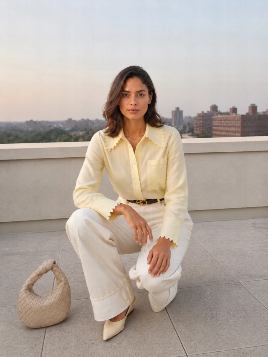 A whisper-soft column of ivory and butter yellow keeps the focus on line and proportion, letting the wide-leg trouser fall cleanly from a lightly cinched waist. The scalloped shirt brings just a trace of romance, balanced by sharp flats and a compact intrecciato hobo for a calm, precise finish. It is an easy-going yet polished neutral uniform for bright city days and understated dinners alike.