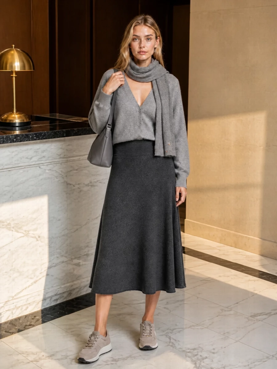 A heather grey V-neck cardigan meets a charcoal flared knit skirt for a monochrome column that feels relaxed yet sharply considered. Taupe-toned Tod’s sneakers and a steel-grey shoulder bag keep it city practical while staying firmly in the quiet-luxury space. The matching cashmere scarf adds depth to the greys, turning simple proportions into something quietly curated for long days out.