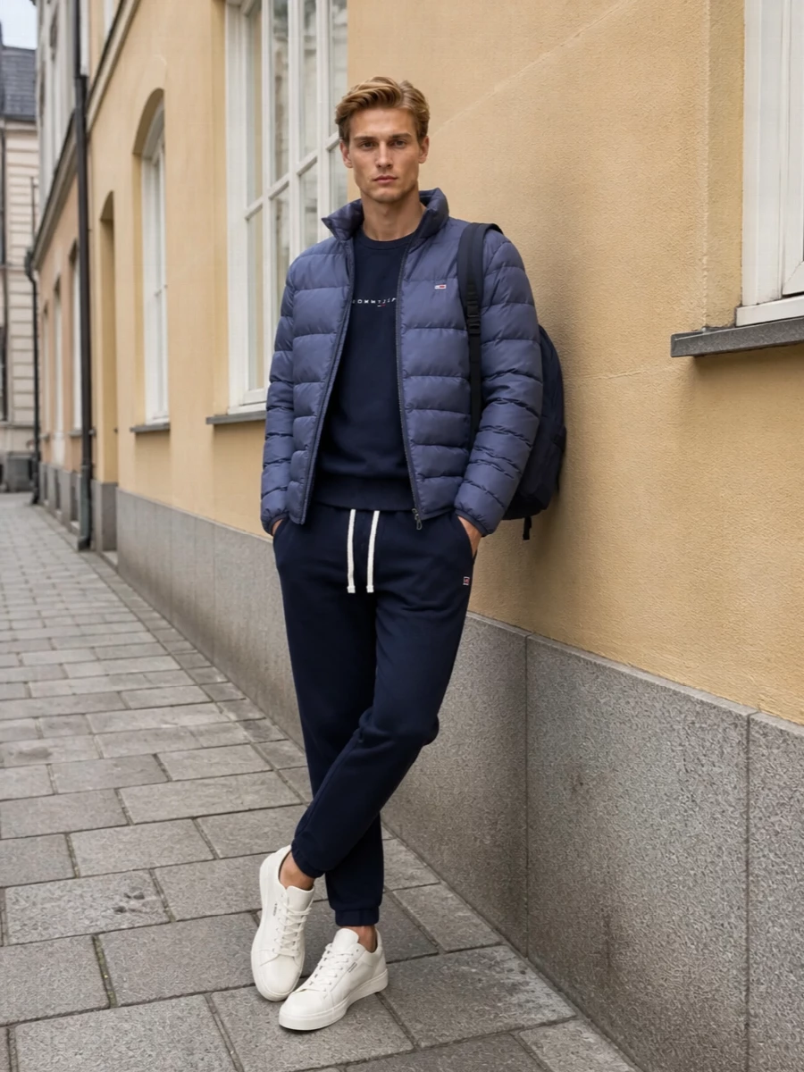 Tommy hilfiger slate puffer navy joggers outfit