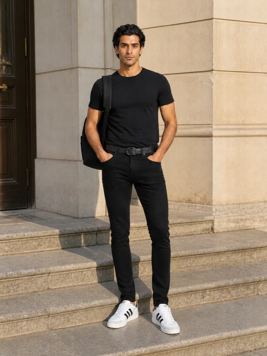 Diesel black jeans adidas white court sneakers