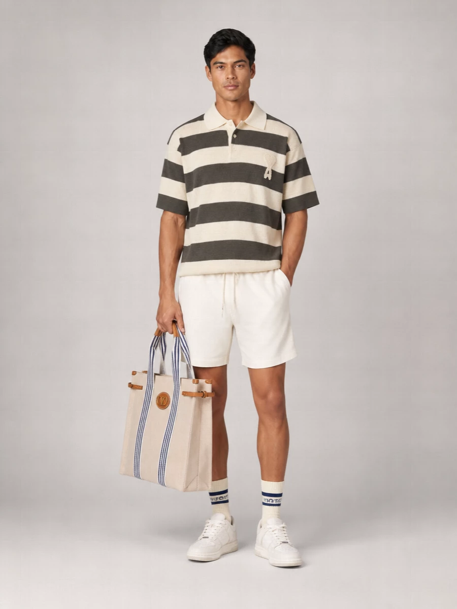 Ami Paris Striped Cotton Short-Sleeve Polo Shirt
