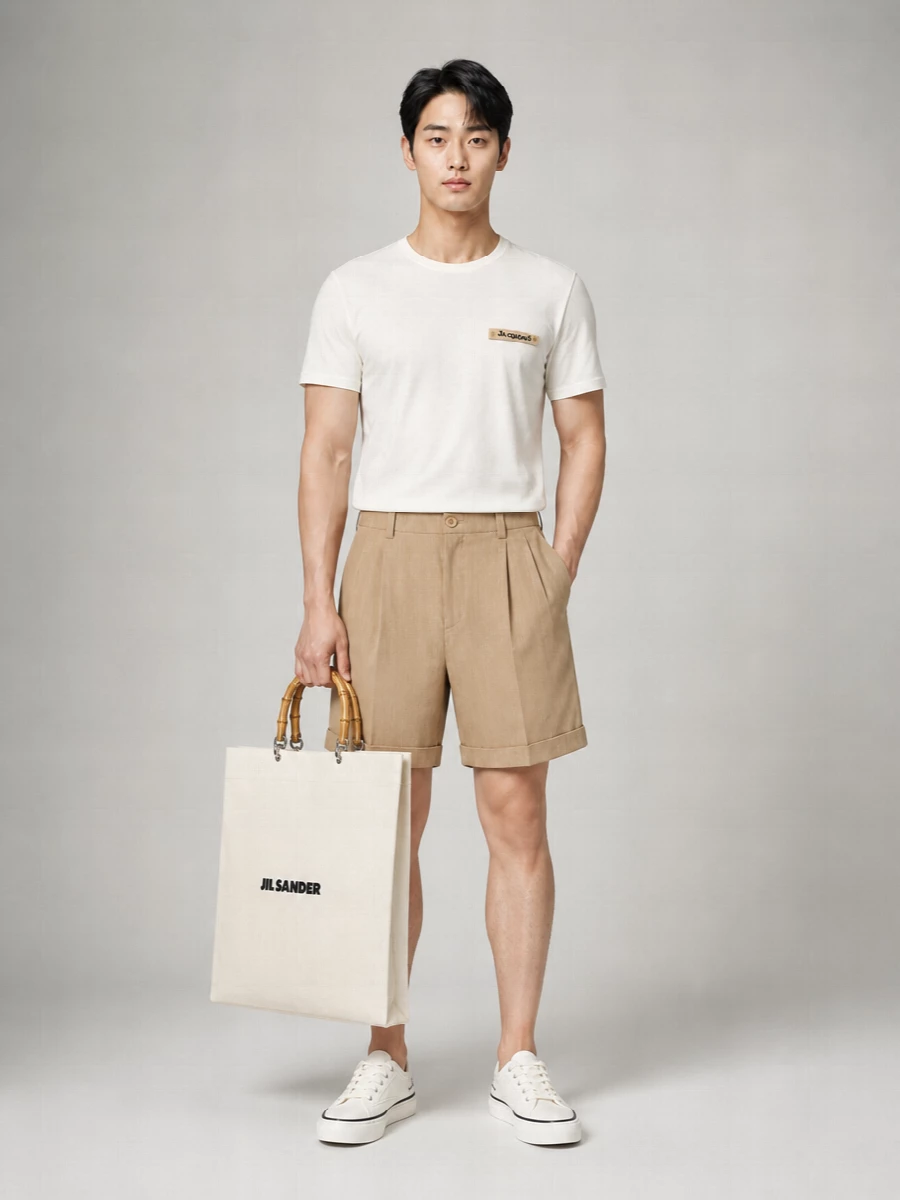 A clean off-white tee pairs with sand herringbone pleated shorts for a quietly precise warm-weather uniform. Off-white canvas sneakers keep the lines relaxed but considered, while the structured canvas tote adds a subtle architectural note. The palette stays in soft neutrals so texture and proportion do the talking rather than logos or color.