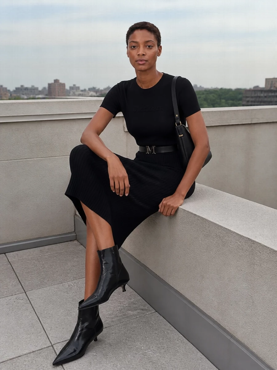 Max mara black knit tee midi skirt outfit