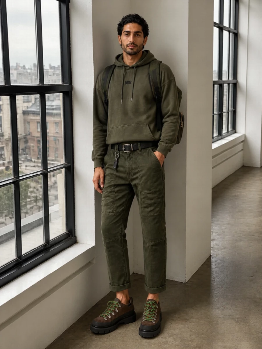 Dsquared2 olive cargo pants hoodie hiker sneakers