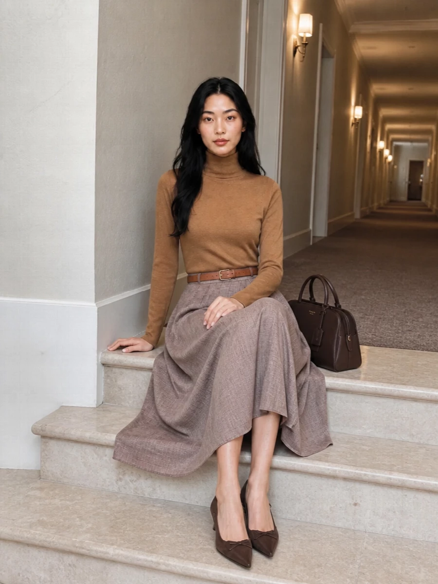 A high-waisted taupe midi skirt meets a slim camel turtleneck for a quietly refined column of warm neutrals. Chocolate suede kitten heels and a structured matching top-handle add depth and precision without breaking the softness. The tan belt is a discreet option if you want a little more waist definition and hardware interest at the midline.