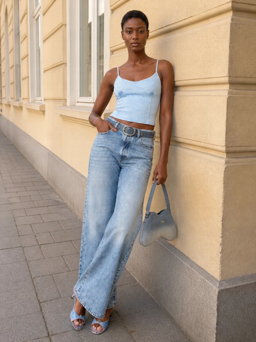 Diesel wide leg jeans blue cami mules outfit