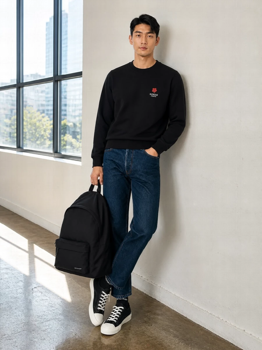 Kenzo sweatshirt dark indigo jeans sneakers