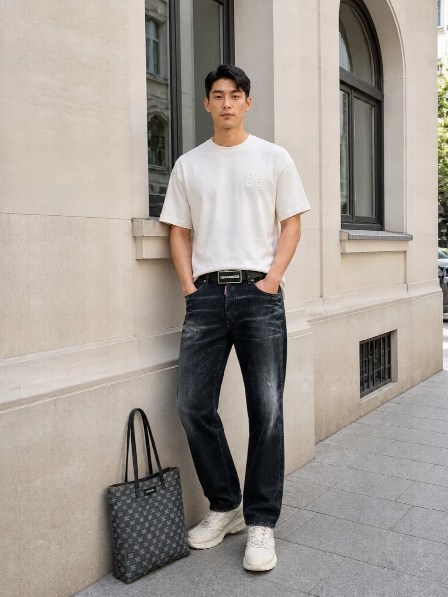 An off-white Dsquared2 tee sits clean against washed black straight-leg denim, giving a low-key monochrome base with just enough contrast. Cream runners keep the palette soft and modern, while the monogram denim tote and logo belt introduce quiet brand hits that fit the relaxed streetwear mood. It is an easy city uniform that feels considered without looking over-styled.