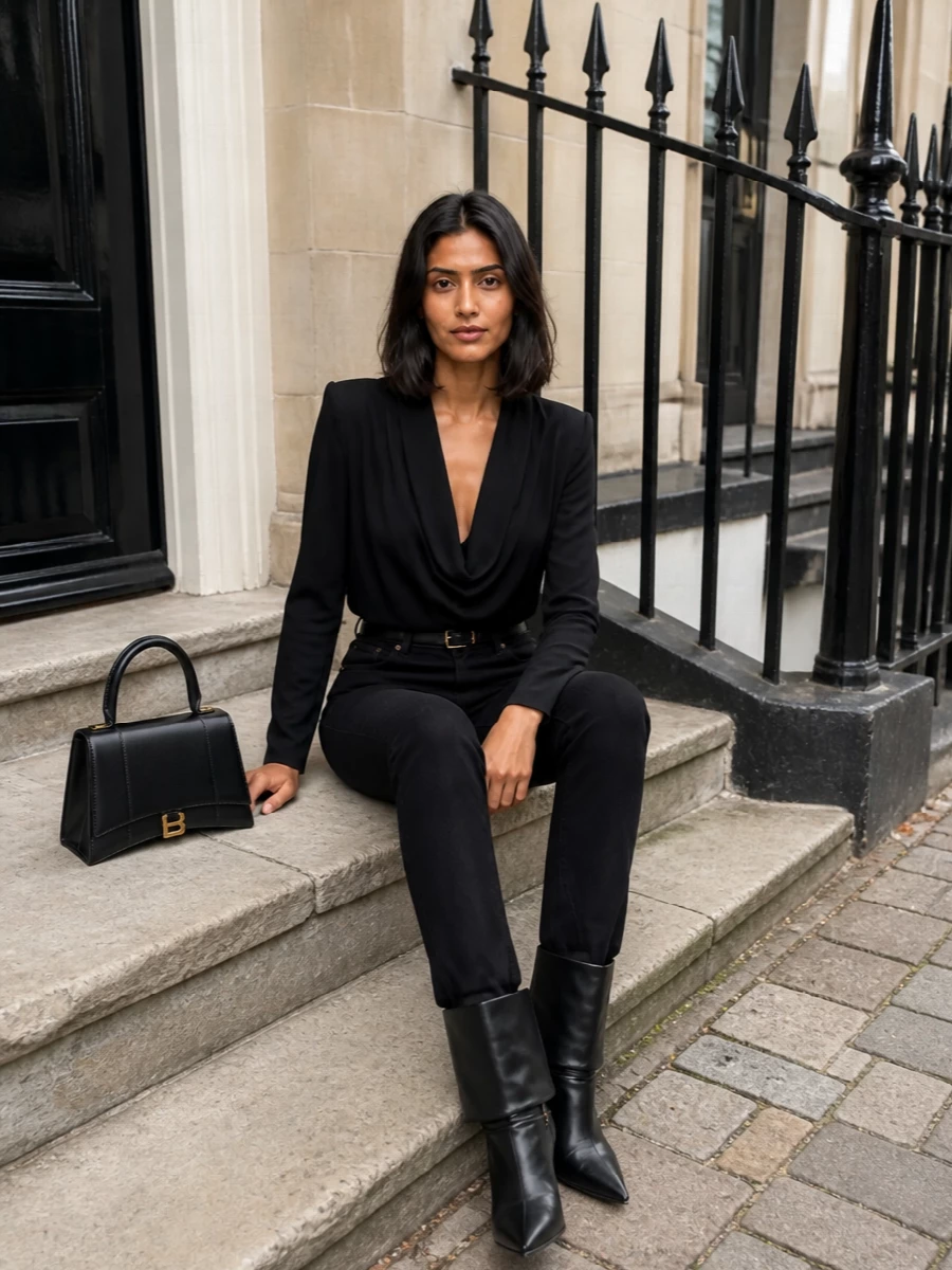 This look builds a razor-sharp black column: straight-leg Saint Laurent denim grounded by a draped, strong-shouldered black blouse for a quietly commanding silhouette. Pointed stiletto ankle boots and a sculpted black top-handle bag keep the mood polished and architectural, while a slim black belt with gold hardware adds just enough definition and sheen for FW dinners and city evenings.