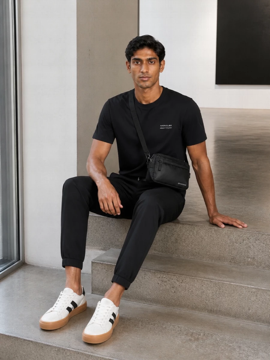 This look builds a monochrome, sport-luxe uniform around the black Moncler tee, pairing it with equally clean tapered track pants for a streamlined, travel-ready silhouette. Crisp white court sneakers add just enough contrast while the discreet black belt bag and optional leather belt keep the styling minimal yet distinctly high-end. It’s an elevated off-duty outfit that moves effortlessly from city errands to airport lounges in SS weather.
