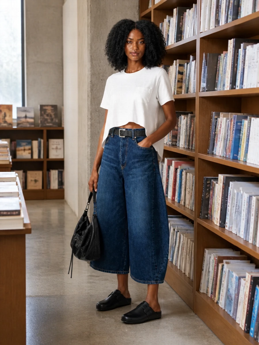 Sacai denim culottes balenciaga mules outfit