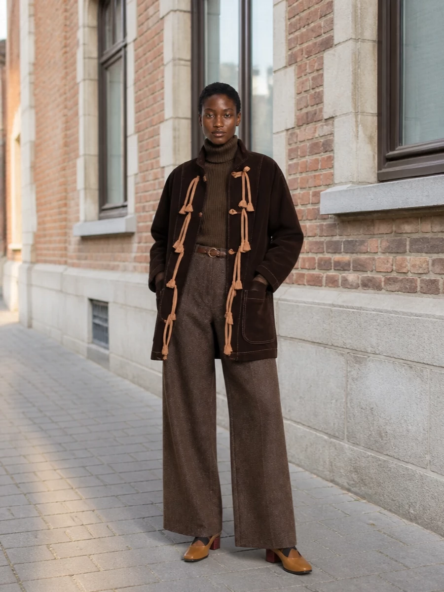 Uma wang coat brown wide leg trousers outfit