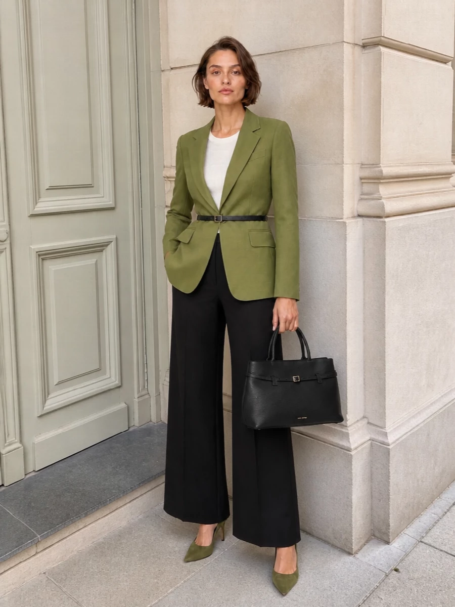 Max mara olive blazer wide leg trousers outfit