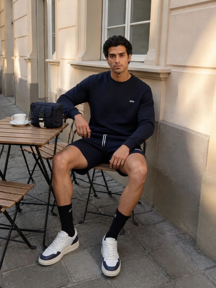 Autry navy sweatshirt outfit shorts sneakers