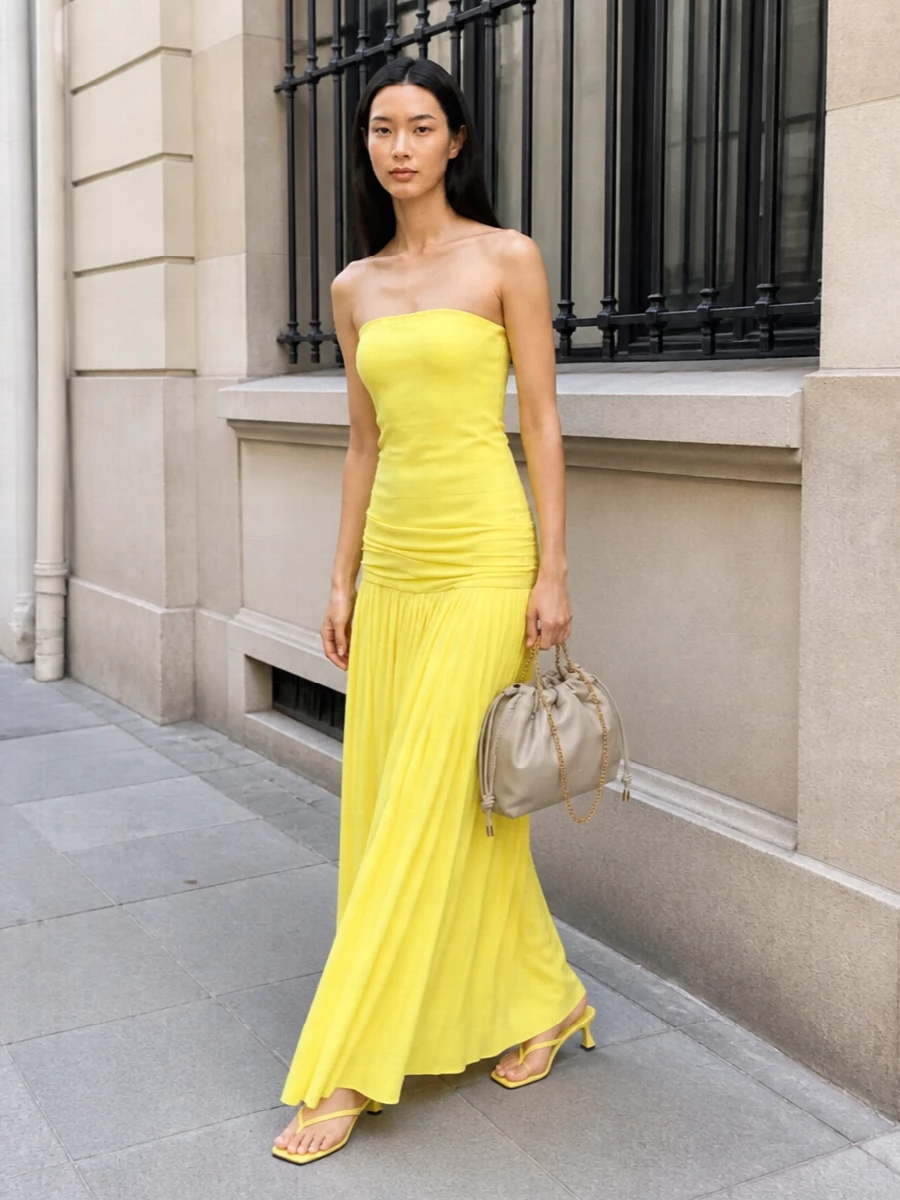 Jacquemus strapless yellow dress chloe pouch