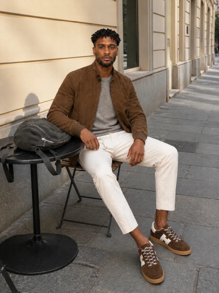 Baracuta suede bomber beige trousers outfit
