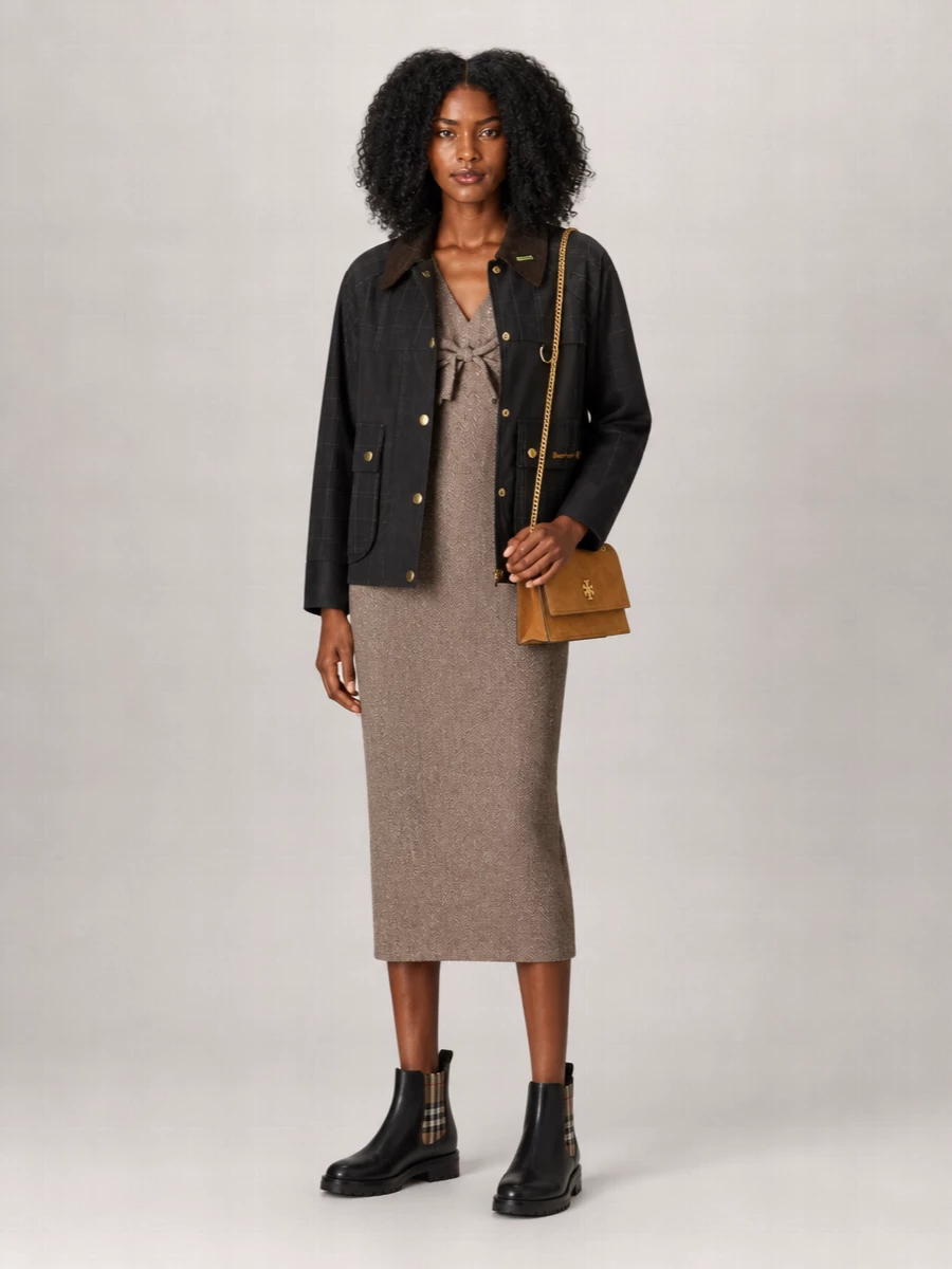 Barbour Waxed Cotton Tartan Cropped Single Breasted Coat