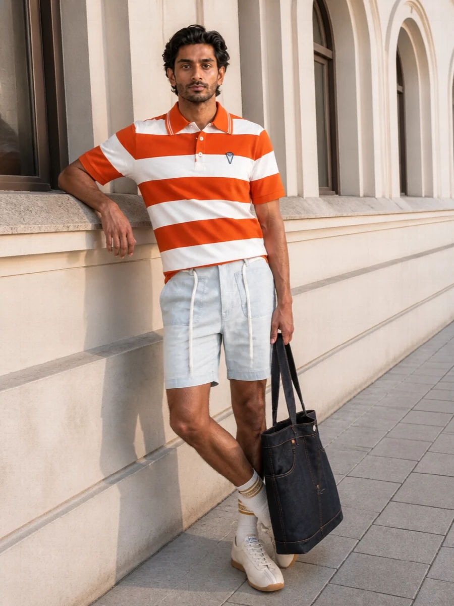 Kenzo striped polo chino shorts cream sneakers