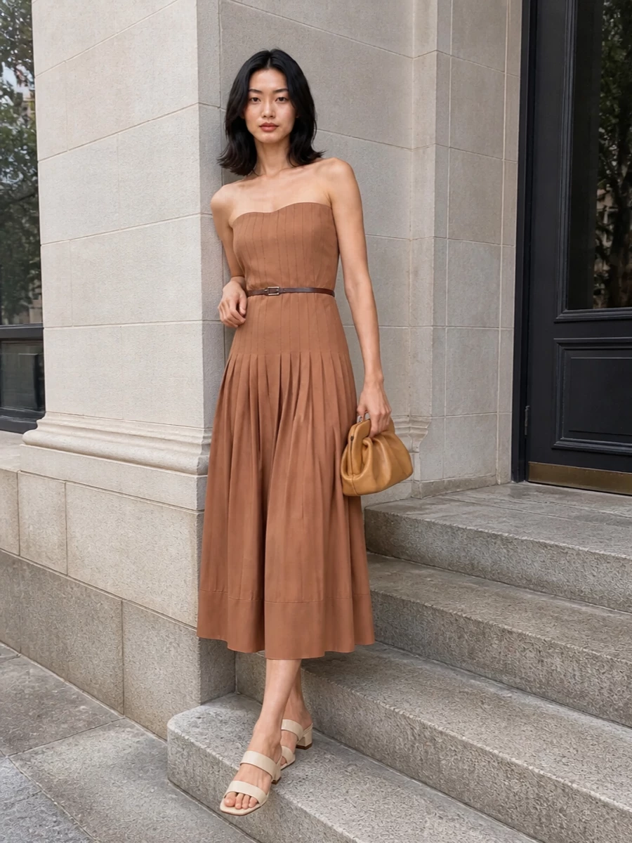 Warm tan and camel tones create a soft, column-like line that feels polished but relaxed for summer evenings. Cream mules and a sculpted clutch keep the focus on clean shape and subtle texture. The slim suede belt just sharpens the waist so the pleated skirt can move fluidly around it.