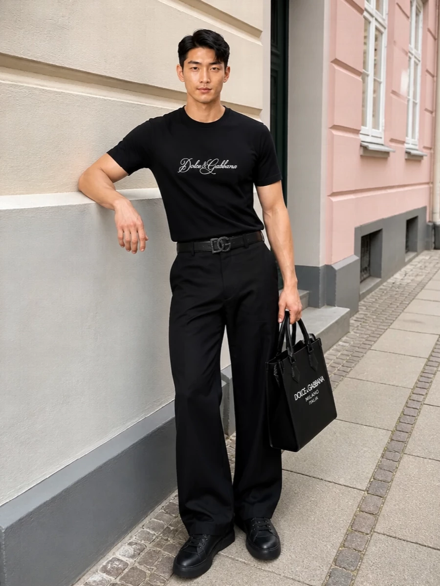 A sharp black-and-white Dolce&Gabbana uniform that leans into logo confidence while keeping the lines clean. The wide-leg trouser and chunky monochrome sneaker play with proportion in a modern way, grounded by the structured tote and discreet belt for a street-ready but put-together city finish.
