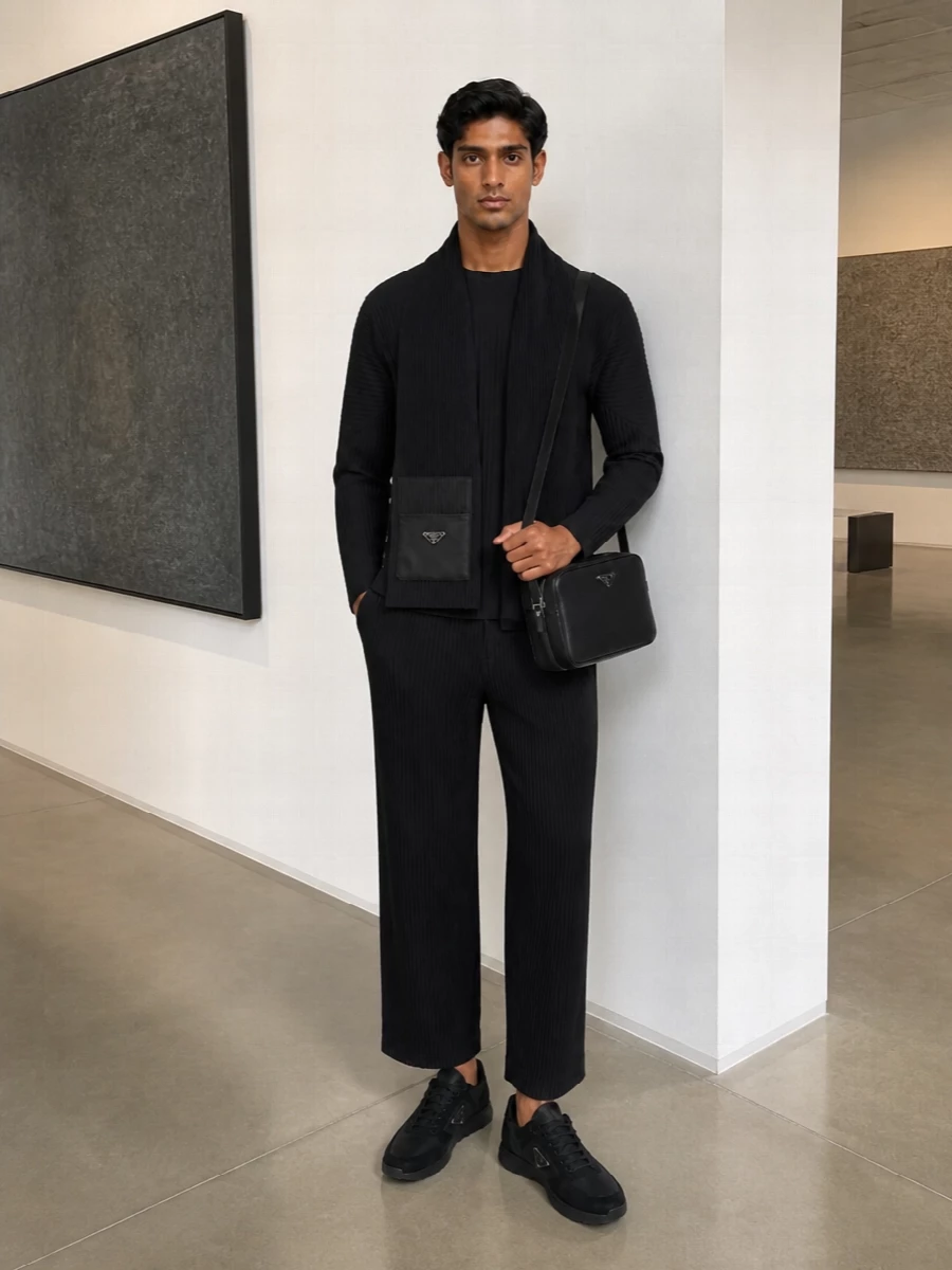 A fully pleated black set keeps the silhouette long and architectural, with the cropped wide leg giving just enough volume to feel intentional rather than severe. The all-black Prada sneakers and compact crossbody sit quietly underneath, adding subtle texture and hardware that match the top’s precision without disturbing the minimal mood. It reads like a modern uniform for gallery days, studio meetings and late dinners where comfort and sharpness need to coexist.