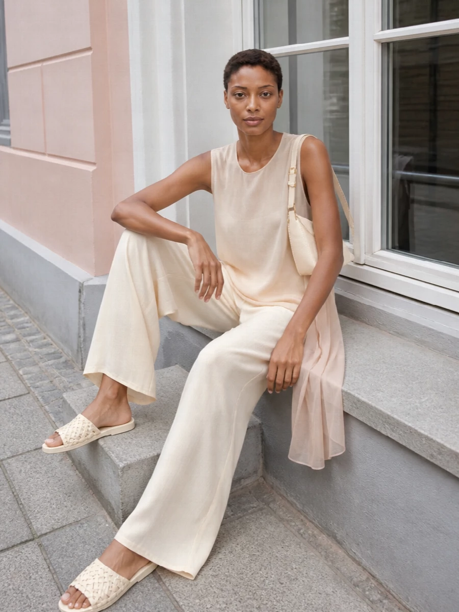 Fabiana filippi wide leg pants neutral tunic outfit