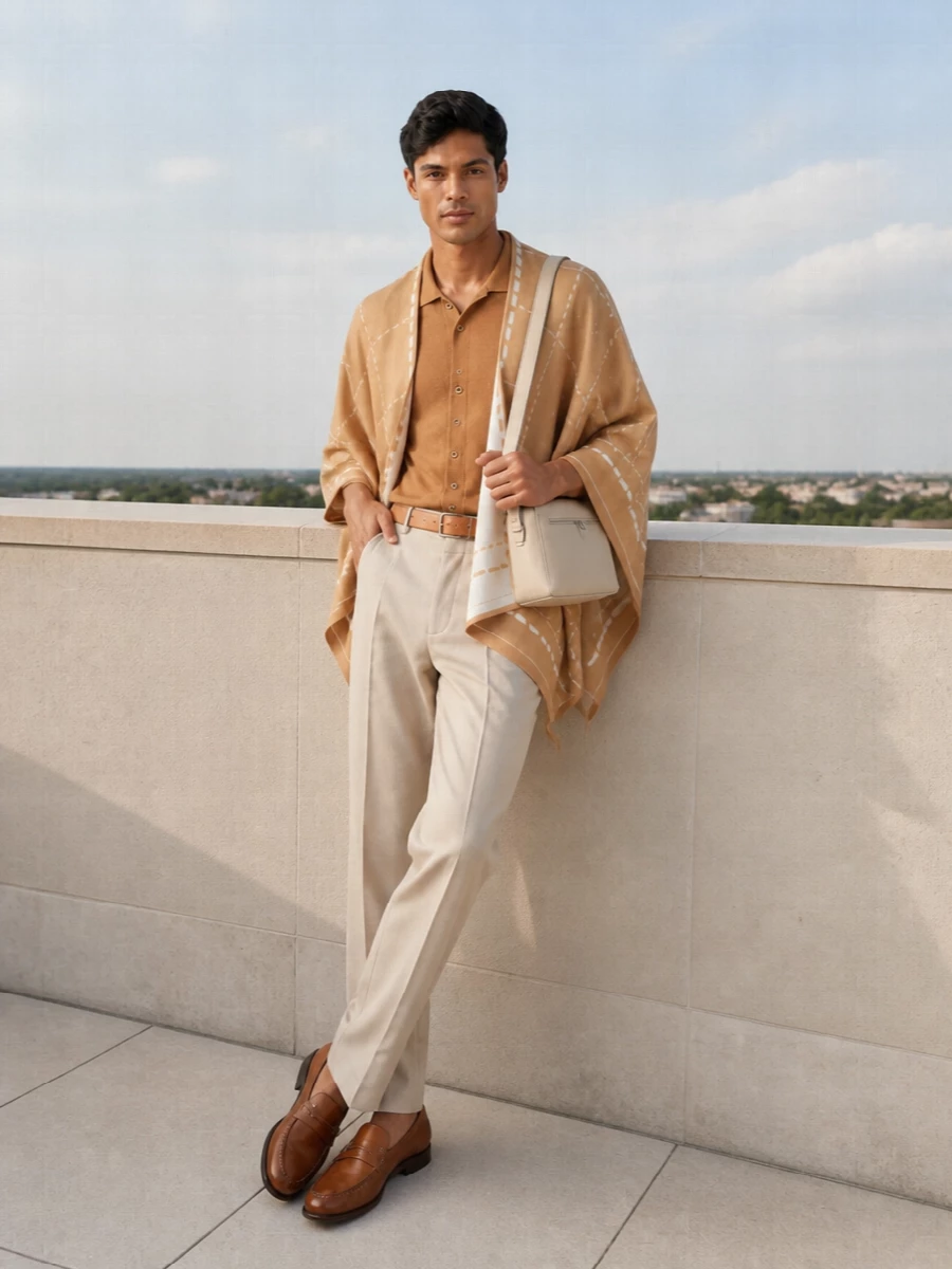 A tonal camel and cream story that lets the Fendi poncho lead, this outfit layers a neat collared cardigan over long, tailored trousers for relaxed yet precise proportions. Tan moccasin loafers and a structured cream crossbody keep the mood quietly luxurious, ideal for warm-weather city days, airport lounges or easy dinners. The result is soft, elongated and polished without feeling formal or fussy.