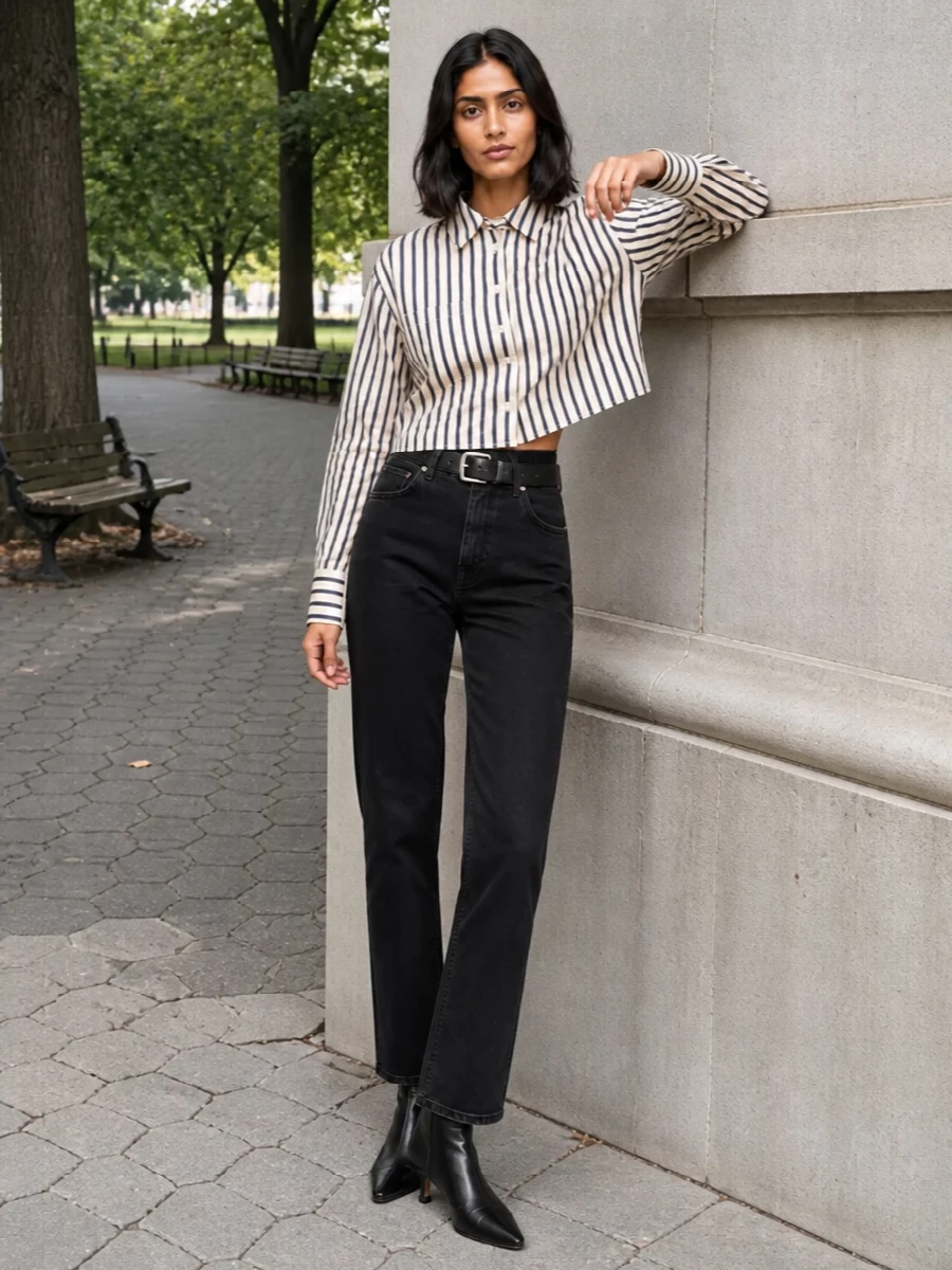 High-rise washed black denim meets a cropped striped shirt for a clean, downtown take on tailoring. Pointed black ankle boots extend the line of the leg, while a sculpted black bag and slim belt add precise, polished definition. The result is a sharp, monochrome-driven outfit that moves easily from casual meetings to late-afternoon city errands.