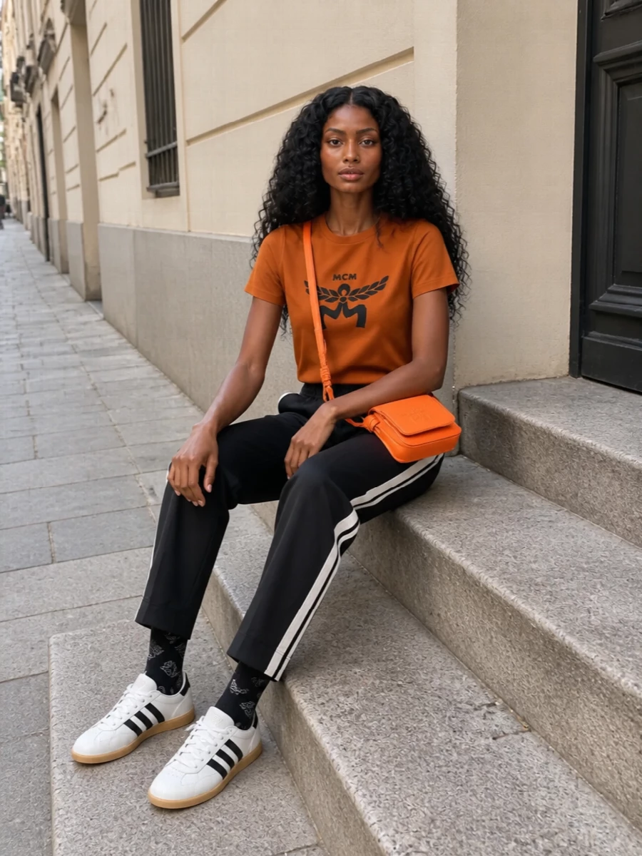 Mcm orange tee palm angels track pants sneakers