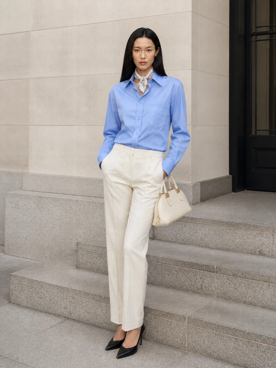 A powder-blue Balenciaga shirt meets ivory tailoring for a crisp, modern take on office-to-dinner dressing. Black pointed pumps and an ivory structured bag keep the palette disciplined, with a slim monochrome scarf adding just enough graphic edge. The result is quietly precise, minimal and unmistakably designer without feeling stiff.