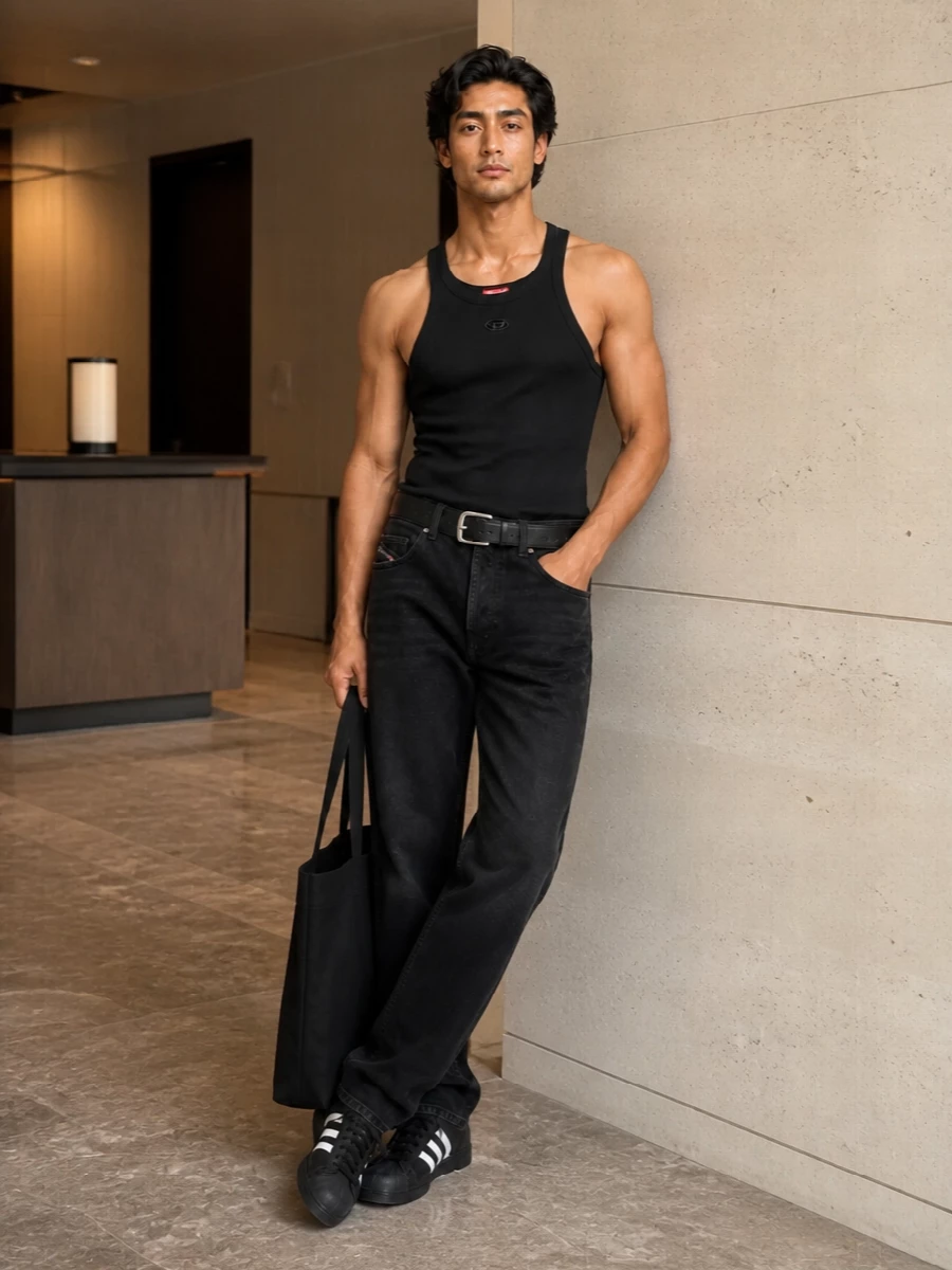 Diesel black tank washed black jeans adidas sneakers