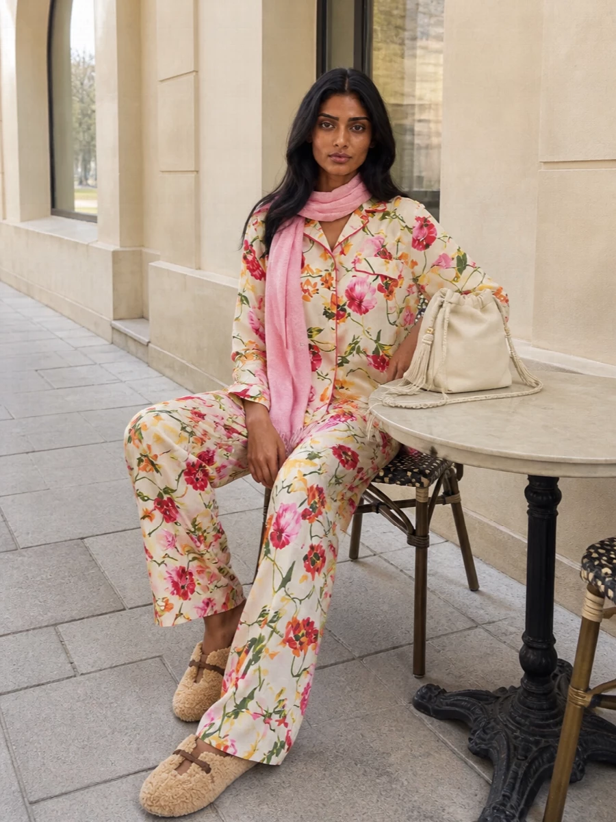 Kenzo floral pajama set gucci shearling slippers