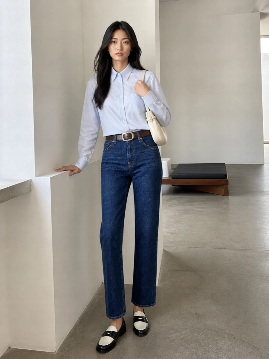Straight indigo denim meets a crisp pale blue striped shirt for a clean, preppy spin on casual days. Cream and black loafers and a soft cream shoulder bag introduce leather structure, so the outfit feels relaxed but still pulled together. A slim brown belt quietly defines the waist and adds just enough warmth against the cool blues.