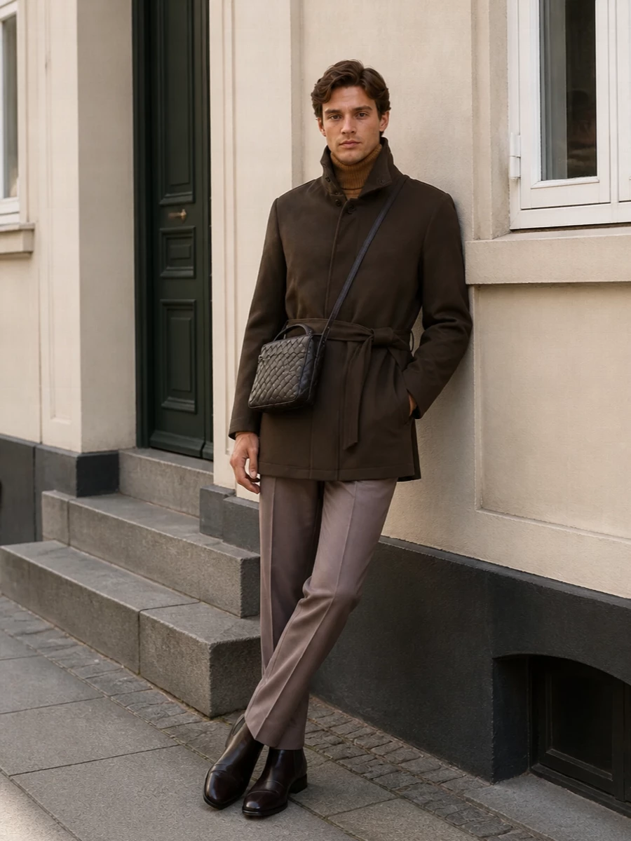 Dries van noten brown coat camel sweater taupe trousers