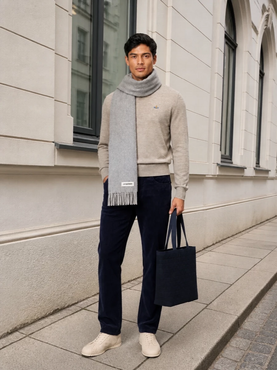 Oatmeal knit and inky navy corduroy set a calm, collegiate foundation that feels considered without reading stiff. Cream leather sneakers and a structured navy tote keep the lines clean and modern, grounded by subtle texture rather than loud branding. A soft grey scarf finishes the mix with just enough contrast to underline the quiet-luxury attitude.