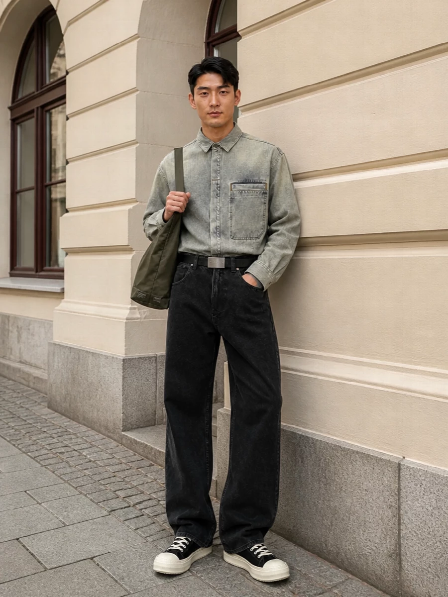 Entire studios denim shirt black jeans outfit