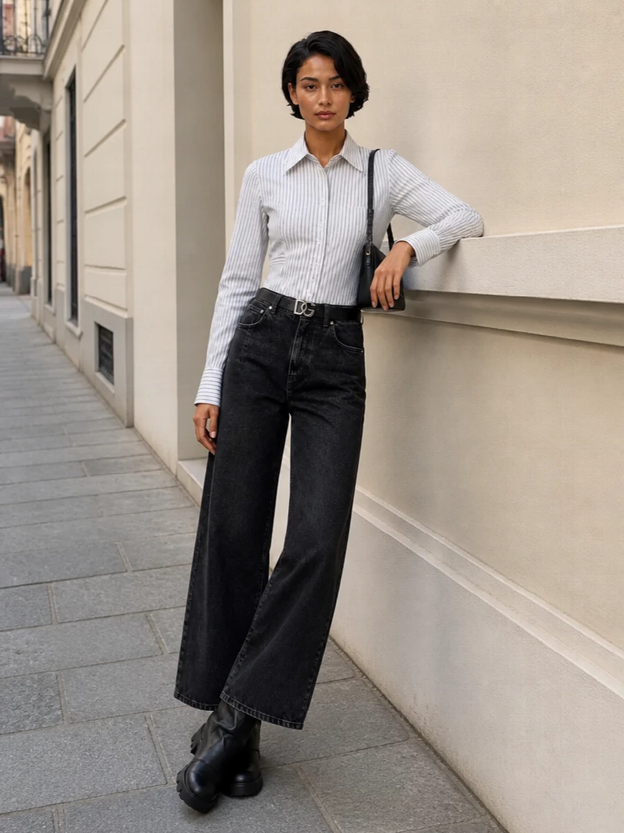 Dolce gabbana striped shirt wide leg black jeans