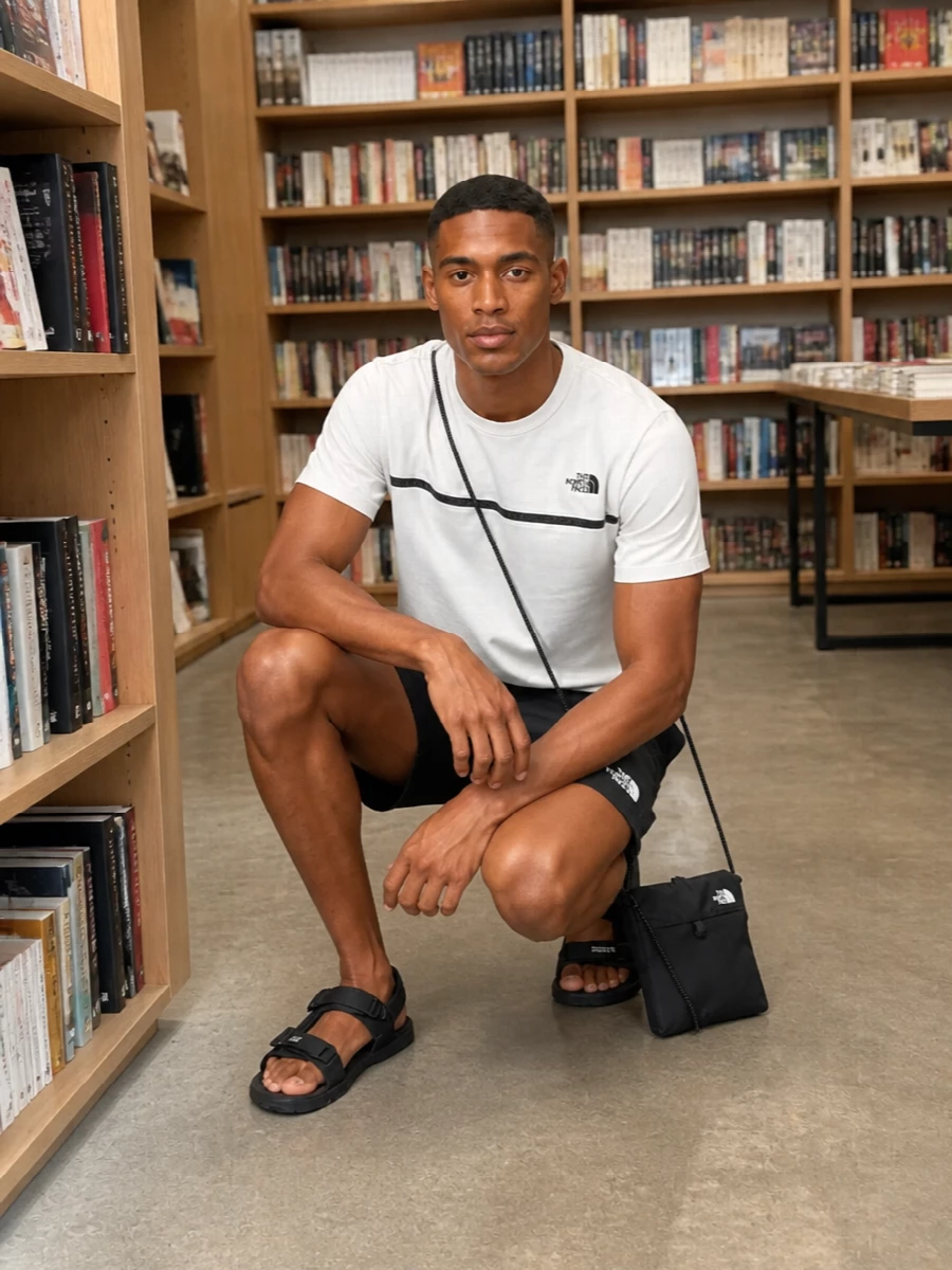 North face mens black shorts sport sandals outfit