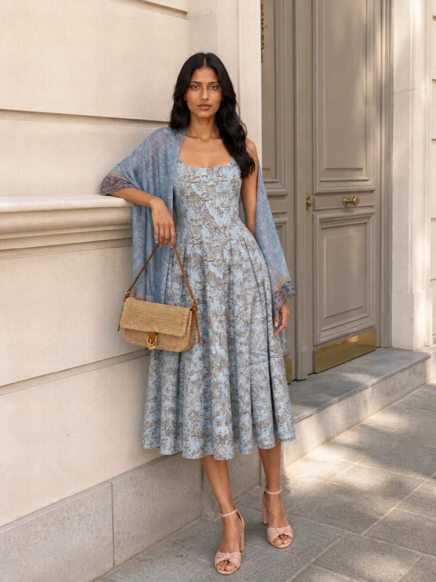 Staud floral midi dress aquazzura blush sandals