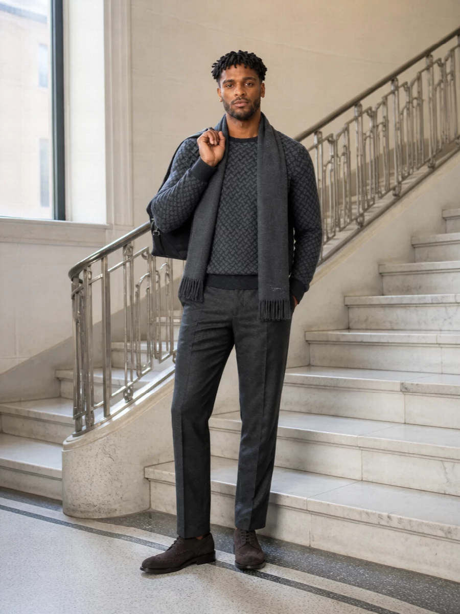 Dolcegabbana charcoal trousers drumohr knit outfit